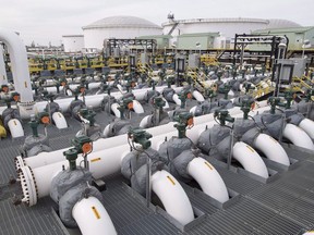 Pipes are seen at the Kinder Morgan Trans Mountain facility in Edmonton.