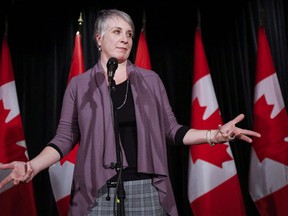 Patty Hajdu, Minister of Employment, Workforce Development and Labour, speaks to reporters at a Liberal cabinet retreat in Calgary, Alta., Monday, Jan. 23, 2017.