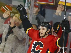 Flames Mark Jankowski celebrates his second period goal during NHL action between the Los Angeles Kings and the Calgary Flames in Calgary on Thursday, January 4, 2018.