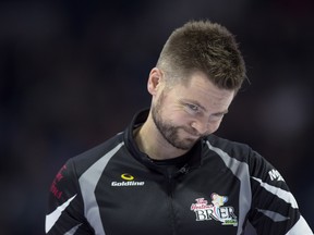 Mike McEwen reacts to a shot at the Brier on March 8.