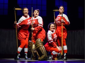 ATP's Glory co-stars Katie Ryerson, Morgan Yamada, Gili Roskies and Kate Dion-Richard. Kevin Corey plays their coach. Courtesy, Barbara Zimonick.