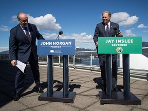 B.C. Premier John Horgan, left, prepares to take the podium alongside  Washington State Gov. Jay Inslee in Vancouver, on March 16, 2018.