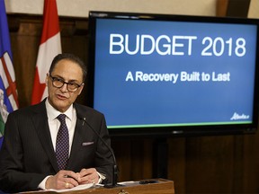 Alberta Finance Minister Joe Ceci speaks during a press conference about Budget 2018 in the Alberta Legislature in Edmonton, on Thursday, March 22, 2018. Photo by Ian Kucerak/Postmedia