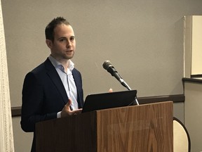 Nick Whitehead, vice-president of market development with Aurora Cannabis, speaks at a Economics Society of Northern Alberta event at the Chateau Lacombe Hotel on March 28, 2018. He said Alberta is "probably positioned the best out of any province in Canada" for marijuana legalization because of its low power costs, ample sunlight and privatized cannabis retail sector.
