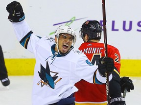 San Jose Sharks winger Evander Kane celebrates after scoring against the Calgary Flames in NHL hockey at the Scotiabank Saddledome in Calgary on Friday, March 16, 2018.