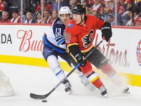 Curtis Lazar at the Saddledome against the Winnipeg Jets on Oct. 7, 2017.