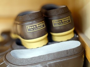 A pair of boots at the L.L. Bean manufacturing center in Lewiston, Maine. On Friday, March 16, 2018, the company announced its sales dipped slightly over the past year, forcing the elimination of worker bonuses for the first time since 2008, but the CEO told workers that changes adopted in recent months are putting the company on a ìpath to a more prosperous future.î