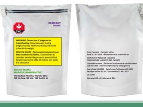 The federal government says the Canadian public broadly supports the tight regulations it has so far proposed for marijuana packaging, which will include a bright red stop sign containing a pot leaf and the letters THC. The new marijuana packaging logo is seen in an undated handout photo.