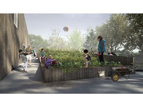 A rendering of people using the urban garden at Grow.