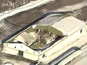 Aerial footage from Global 1 helicopter of the Roof collapses of the riding arena in Millarville. Courtesy Global Calgary