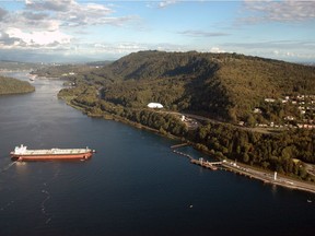 An aerial view of a tanker arriving at Westridge Marine Terminal in Burnaby.