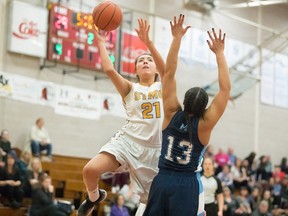 The St. Mary's Lightning fall to the Mount Saint Vincent Mystics on Friday, March 16, 2018, at the CCAA basketball nationals.