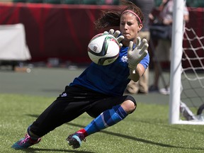 EDMONOTN, ALBERTA ; JUNE 5, 2015-Stephanie Labbe, blocks a shot during a Team Canada practice at Commonwealth Stadium on June 5, 2015, in Edmonton. (Greg Southam/Edmonton Journal)