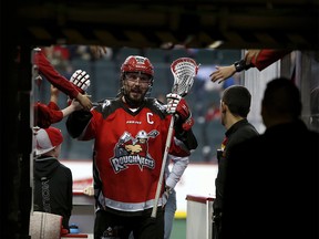 Calgary Roughnecks Dan MacRae leaves warm-up before they take on the New England Black Wolves at the Scotiabank Saddledome in Calgary, Alta. on Saturday March 25, 2017. Leah Hennel/Postmedia
