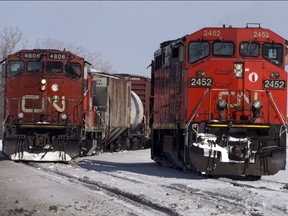 Canadian National locomotives are seen Monday, February 23, 2015 in Montreal.