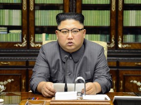This picture taken on September 21, 2017 and released from North Korea's official Korean Central News Agency (KCNA) on September 22 shows North Korean leader Kim Jong-Un delivering a statement in Pyongyang.