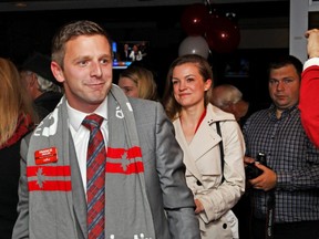 Liberal MP Francis Drouin and his wife, Kate, arrive at Gab's Sports Bar in Clarence-Rockland after winning the Glengarry-Prescott-Russell seat.