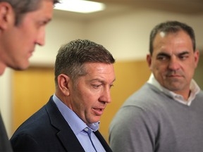 Former NHL player Sheldon Kennedy speak to the media in Saskatoon after meeting with survivors and family members of the Humboldt Broncos impacted by the horrific highway crash. Leah Hennel / Postmedia