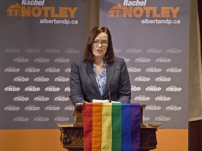 Alberta Justice Minister Kathleen Ganley speaks to a crowd during an NDP nomination meeting held in Calgary on April 14, 2018.