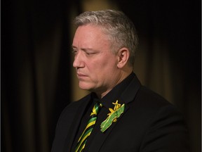 Kevin Garinger, president of the Humboldt Broncos, speaks to the media following a public memorial for Edmonton-area Humboldt Broncos players Jaxon Joseph, Logan Hunter, Parker Tobin and Stephen Wack at Rogers Place in Edmonton on Tuesday April 17, 2018.
