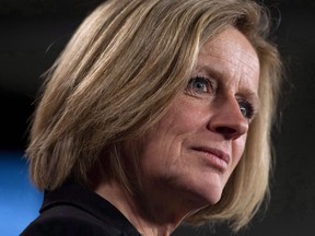 Alberta Premier Rachel Notley speaks during a press conference to discuss her meeting with Prime Minister Justin Trudeau and B.C. Premier John Horgan on the deadlock over Kinder Morgan's Trans Mountain pipeline expansion, on Parliament Hill in Ottawa on Sunday, April 15, 2018. Notley says she doesn't agree with the University of Alberta's decision to grant an honourary degree to high-profile oilsands critic David Suzuki.