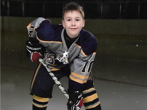 12-year-old Caden Sinfield, pictured,  is hoping that he can get equipment for the upcoming hockey season after his got stolen out of his mom's car.