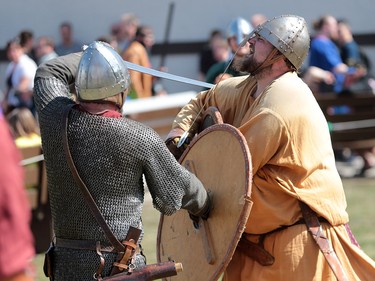 Mock battles with medieval fighters entertained visitors during the Calgary Expo at Stampede Park on Saturday April 28, 2018.