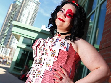 Kim used 15 decks of cards to create her Queen of Hearts costume during the Calgary Expo at Stampede Park on Saturday April 28, 2018.