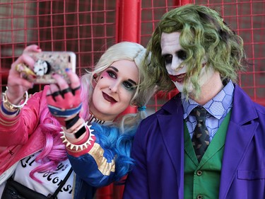 Deidra Jackson and Jay Hyslip pause to take a selfie during the Calgary Expo at Stampede Park on Saturday April 28, 2018.
