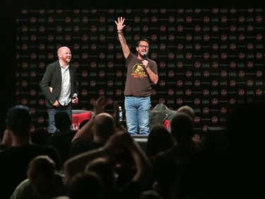 Actor and writer Wil Wheaton waves to the audience after taking part in a Q and A at the Calgary Expo at Stampede Park on Sunday April 29, 2018.