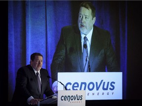 Cenovus president and CEO Alex Pourbaix addresses the company's annual meeting in Calgary, Wednesday, April 25, 2018. Cenovus Energy Inc. says it will consider slowing development of a 50,000-barrel-per-day oilsands expansion project that it started building early last year if there isn't meaningful progress on increasing pipeline capacity out of Alberta.