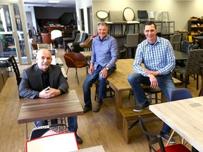 From left: Marv Quehe, Bob Taylor and Dan Taylor at Adria Contract Seating, which custom builds chairs for the restaurant industry.  Jim Wells/Postmedia