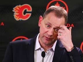 Calgary Flames General Manager Brad Treliving speaks during a press conference in Calgary on Tuesday, April 17, 2018. The Calgary Flames have announced today that they have relieved head coach Glen Gulutzan and assistant coaches Dave Cameron and Paul Jerrard of their coaching duties. Jim Wells/Postmedia