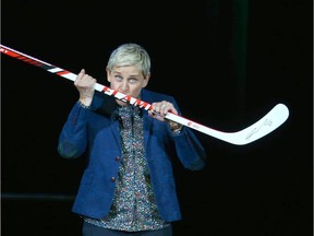 Ellen DeGeneres greets the crowd in Calgary at the Saddledome on Saturday, April 21, 2018. Jim Wells/Postmedia