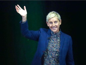 Ellen DeGeneres greets the crowd in Calgary at the Saddledome on Saturday, April 21, 2018. Jim Wells/Postmedia