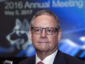 Husky Energy president and CEO Robert Peabody speaks to reporters following the company's annual meeting in Calgary, Alta., Friday, May 5, 2017.