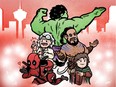 Calgary Comic Expo features Lou Ferrigno (Hulk), Christopher Lloyd (Back to the Future's Doc), Jason Momoa (Drogo on Game of Thrones), Deadpool creator Rob Liefeld, and Elijah Wood (Frodo from Lord of the Rings).
Illustration courtesy, Sebastien Ringuette (srrscribe.com)