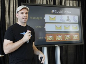 In this Nov. 15, 2010 file photo, Facebook engineer Andrew Bosworth talks about the new Facebook messaging service at an announcement in San Francisco, Calif. Bosworth says he didn't agree with a provocative memo leaked to Buzzfeed in which he describes the company's mentality to grow and connect people at all costs.