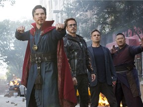 This image released by Marvel Studios shows, from left, Benedict Cumberbatch, Robert Downey Jr., Mark Ruffalo and Benedict Wong in a scene from "Avengers: Infinity War." (Marvel Studios via AP) ORG XMIT: NYET213