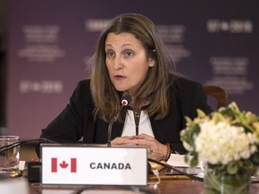 Canadian Minister of Foreign Affairs Chrystia Freeland (centre) chairs a meeting of her counterparts from France, United States, United Kingdom, Germany, Japan, Italy and the European Union during a Foreign Ministers' Working session discussing the Middle East, in Toronto on Sunday, April 22, 2018.THE CANADIAN PRESS/Chris Young