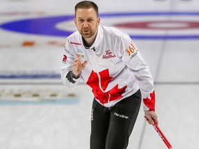 Canada skip Brad Gushue at the men's World Curling Championship in Las Vegas.