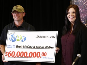 Brett McCoy and Robin Walker of Yellowhead County won $60 million on the Sept. 22, 2017 Lotto Max draw.