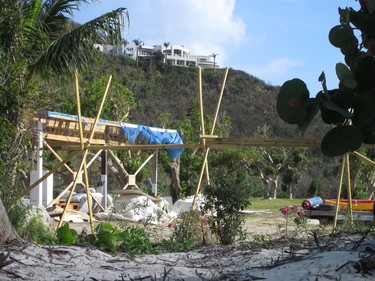 A beachfront building on Guana Island shows the damage from Hurricane Irma. Rental accomodations on the hilltop are undergoing repairs and additions. Photo, Michele Jarvie