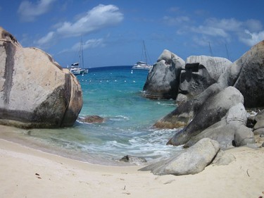 Massive granite boulders lay jumbled on the beach on Virgin Gorda, creating hidden pools and caves. The massive rocks don't exist anywhere else in the British Virgin Islands. Photo, Michele Jarvie