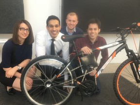 Students from the U of C's Schulich School of Engineering show off their final projects at a design show on Tuesday, April 3, 2018. This group (left to right) Nazanin Moghtaderi, Parth Thakurdesai, Alex Robertshaw and  Evan Magnusson, designed a better bicycle able to adapt to winter and rough conditions. Supplied photo