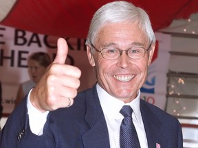 Bob Niven, president of 1988 Olympic Organization Commitee, gives the thumbs up in 2003 to Vancouver winning the 2010 Olympic bid. He hopes to give the thumbs up to Calgary's bid for 2026.