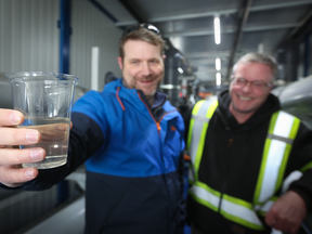 Filtered water from the wastewater treatment plant in Ponoka Alta. Swirltex’s entirely new membrane filtration removes contaminates from wastewater, allowing it to be sold to oil and gas drill sites.