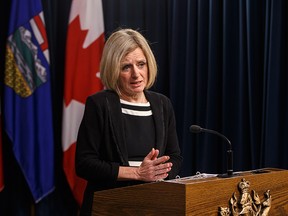 Alberta Premier Rachel Notley at a news conference on the Kinder Morgan pipeline expansion, in Edmonton on Sunday, April 8, 2018.