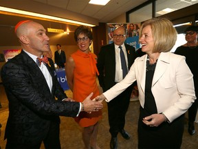 Premier Rachel Notley is greeted at the door as she was honoured by the B'nai Brith Calgary and the Calgary Menorah Foundation during their 67th Annual Charity Dinner at the Beth Tzedec Synagogue in Calgary on Thursday April 19, 2018. Darren Makowichuk/Postmedia