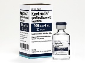 This 2015 photo made available by Merck shows the drug Keytruda. Research released on Monday, April 16, 2018 suggests that many more lung cancer patients may benefit from treatments that boost the immune system, which have scored some of their biggest wins until now in less common cancer types. Using one of these drugs _ Merck's Keytruda _ with usual chemotherapy extended survival for people newly diagnosed with the most common type of cancer that had spread beyond the lungs, one study found.